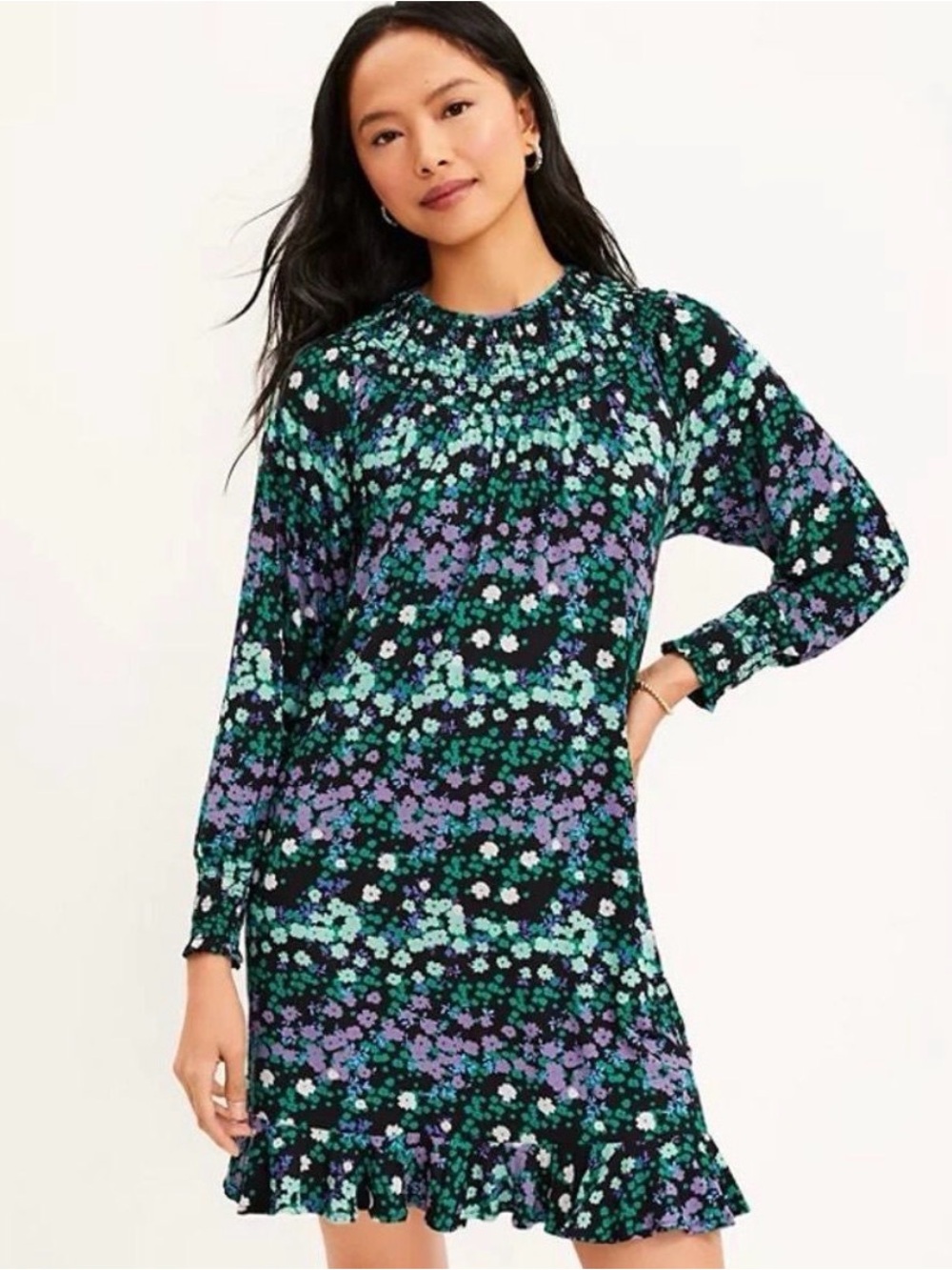 LOFT Black Floral Long-Sleeve Shift Dress with Green & Purple
